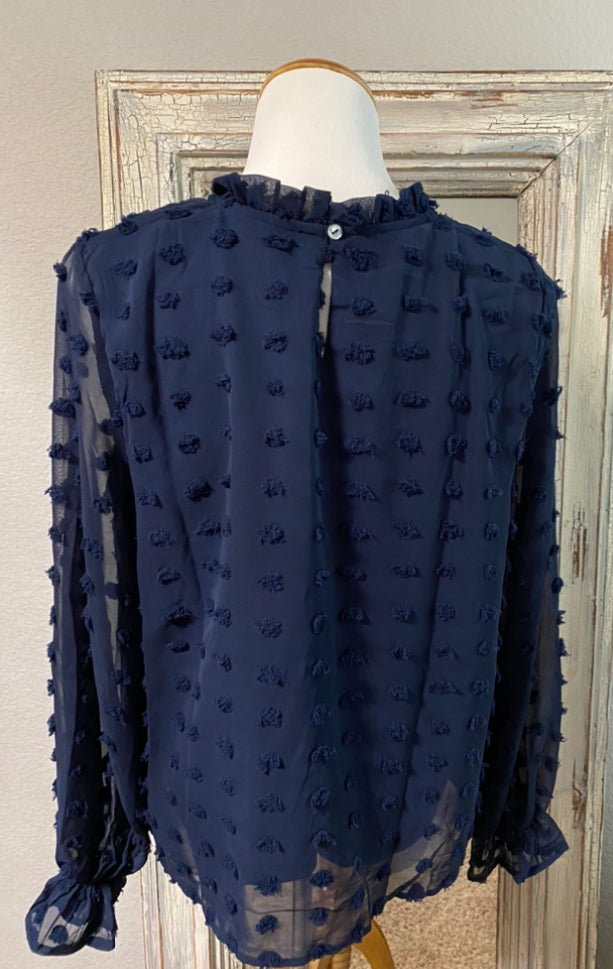 Navy blue long sleeve blouse with Swiss dots.