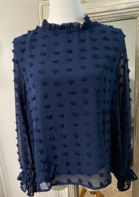Navy blue long sleeve blouse with Swiss dots.